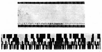 Фотография кусочка искусственной фонограммы "Полёта валькирий". Внизу "рисованная" звуковая дорожка показана в увеличенном виде.