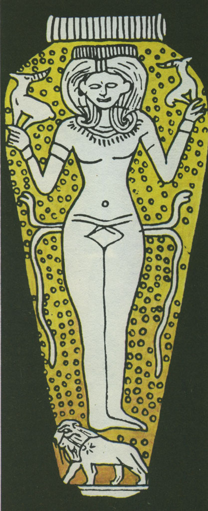 Обнажённая богиня-воительница Анату на льве.