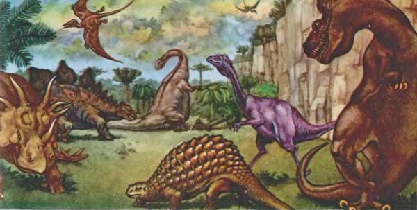 Так выглядел мир 60 млн. лет назад. Изображённые справа панцирный динозавр - таларурус, орнитомим, отдалённо напоминющий страуса, и знаменитый тиранозавр реконструированы по результатам экспедиции И.Ефремова в пустыню Гоби