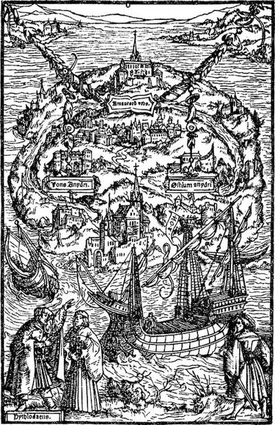 Карта острова Утопия. Гравюра на дереве Амброзиуса Гольбейна из базельского издания «Утопии» 1518 года.
